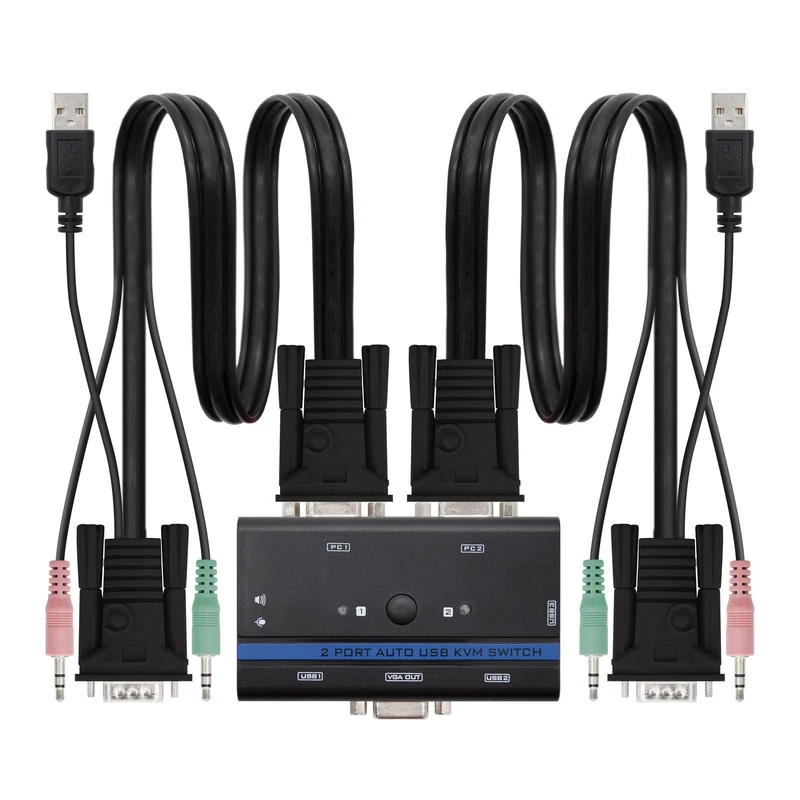 1U-2PC USB VGA KVM Switch with Cables Allows You to Control 2 PCs from a Single Unit Compact and efficient for Multi-Computer Management.