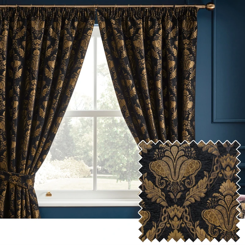 Paoletti Shiraz Traditional Jacquard Pencil Pleat Curtains, Black