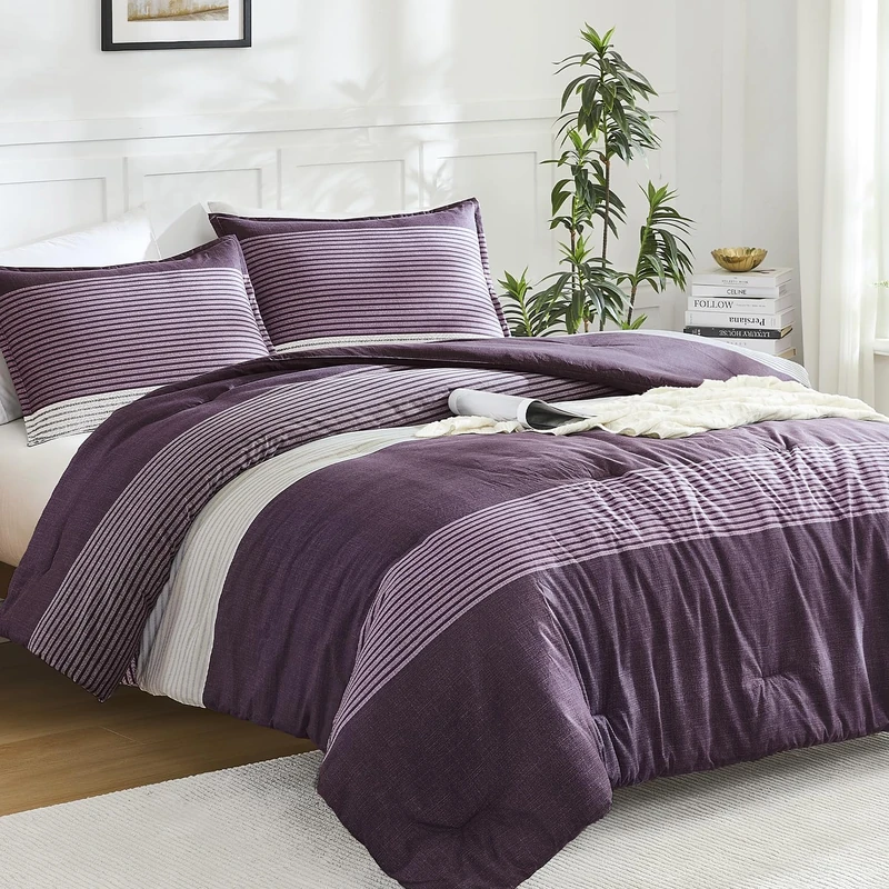Litanika Purple Oversized Queen Comforter Set - 3 Pieces Stripe Bed Set