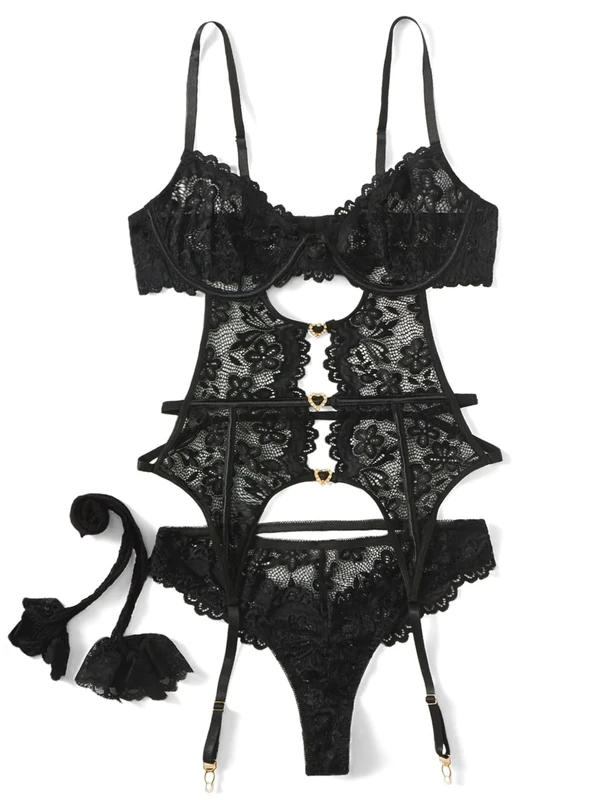 GORGLITTER Black Lace Cut Out Garter Lingerie Set - 4 Piece XL