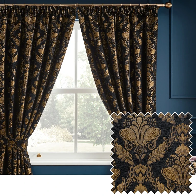 Paoletti Shiraz Traditional Jacquard Pencil Pleat Curtains, Black