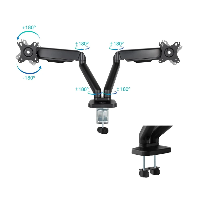 Swivel and Tilt Screen Table Stand with 2 Arms for 17-32 inch Screens, Black Ideal for Adjusting Viewing Position and Optimizing Workspace.