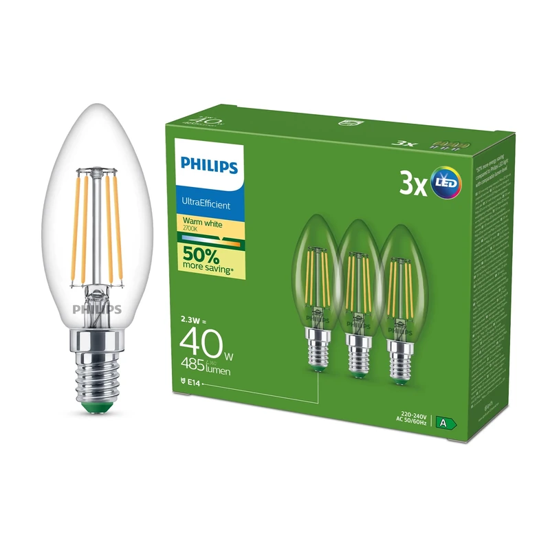Philips Classic Ultra-efficient LED Bulb with Energy Efficiency Class A, E14 Base, Replaces 40W, Clear, Warm White Light, Candle Shape, Pack of 3