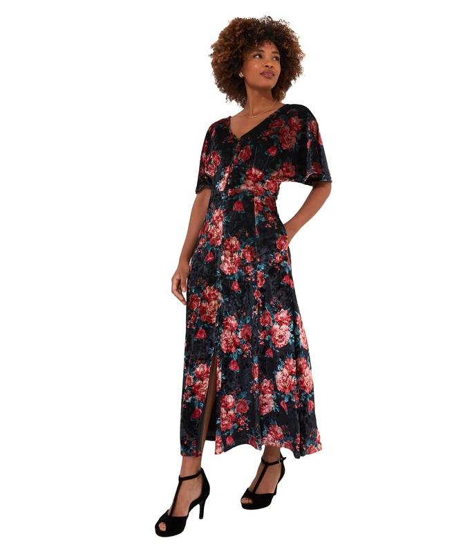 Joe Browns Women's Petite Rose Floral Tie Waist Velour V-Neck Dress, Regular, Black, UK 6 Petite