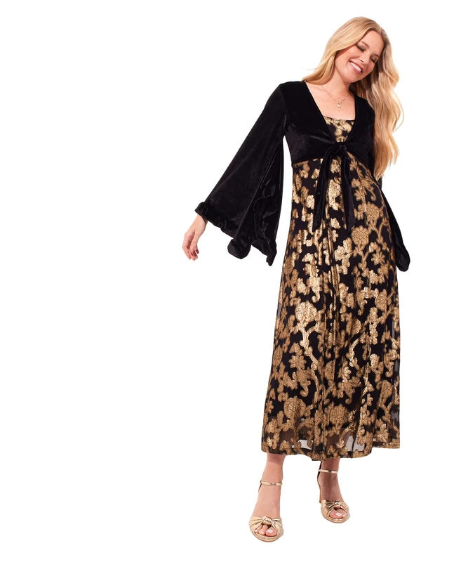 Joe Browns Women's Vintage Velour Kimono Sleeve V- Neck Appliqué Maxi Dress, Regular, Black, UK 8
