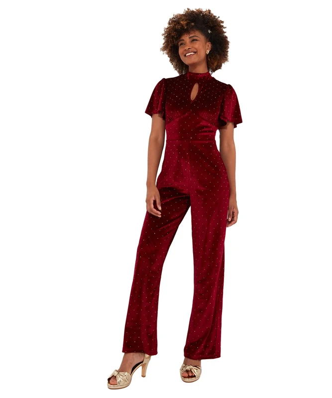 Joe Browns Women's Sparkle Velour Flutter Sleeve Wide Leg Jumpsuit, Berry, 10