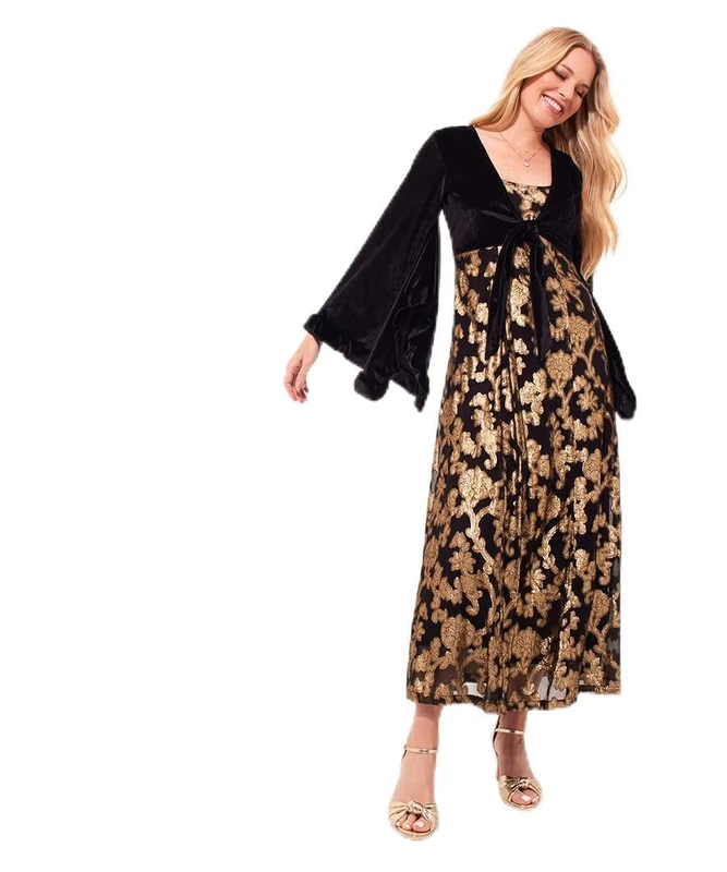 Joe Browns Women's Petite Vintage Velour Kimono Sleeve V- Neck Appliqué Maxi Dress, Regular, Black, UK 12 Petite - Image 1