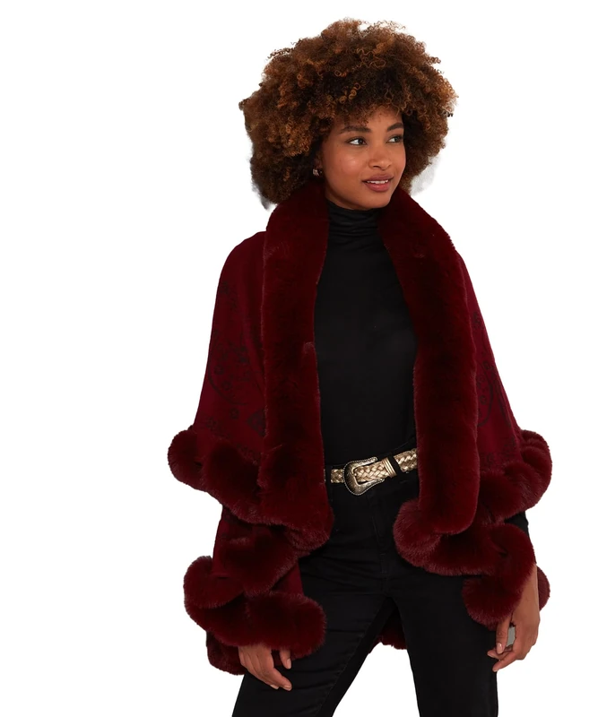 Joe Browns Women's Boho Faux Fur Trim Butterfly Wrap, Relaxed Fit, Red, One Size (UK 8-18) - Image 1