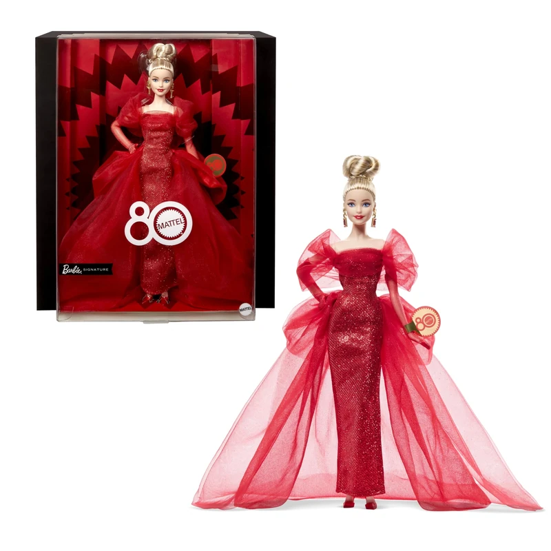 Barbie Signature Doll, Mattel 80th Anniversary Collectible in Glittery Red Tulle Gown with Drop Earrings and Sheer Gloves, Blonde Hair, JBJ17