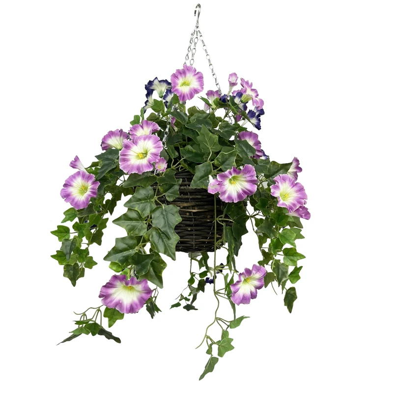 Greenbrokers Artificial Pink & Purple Petunia Round Rattan Hanging Basket with Ivy Vine (30cm) - Image 1