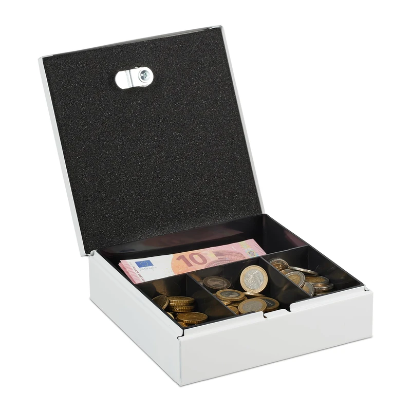 Relaxdays Lockable Cash Box, Removable Insert, 4 Compartments, Money Safe, Iron, HxWxD: 6 x 17 x 17.5 cm, White