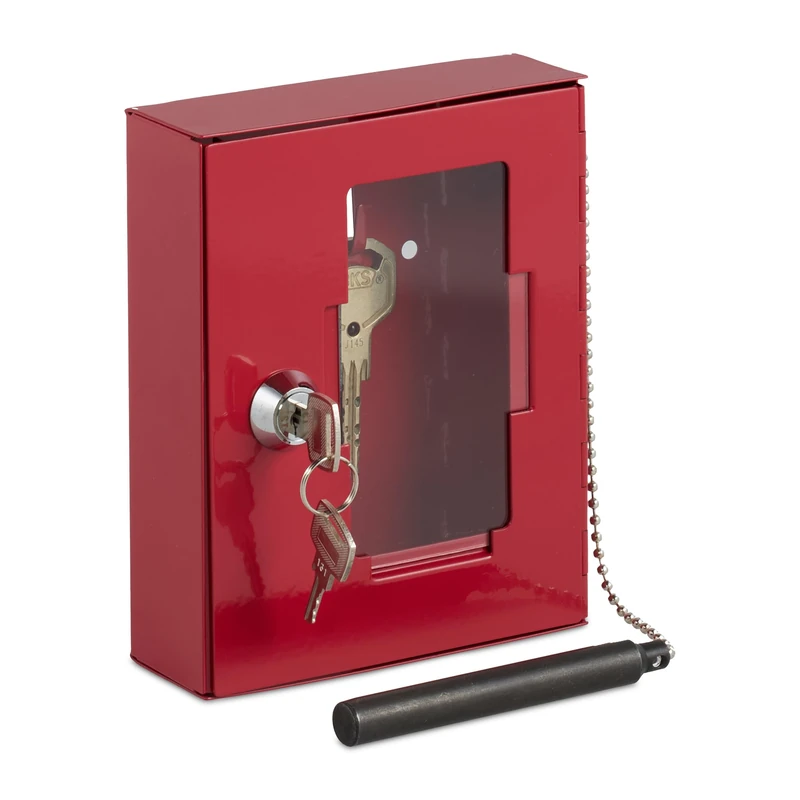 Relaxdays Lockable Emergency Key Box with Glass Panel, Hammer, Quick Access, Office, School, Metal, 15 x 12 x 5 cm, Red, Iron
