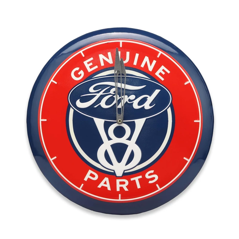 Open Road Brands Ford V8 Genuine Parts Round Embossed Metal Wall Clock - Vintage Ford Clock for Garage, Shop or Man Cave - Image 1