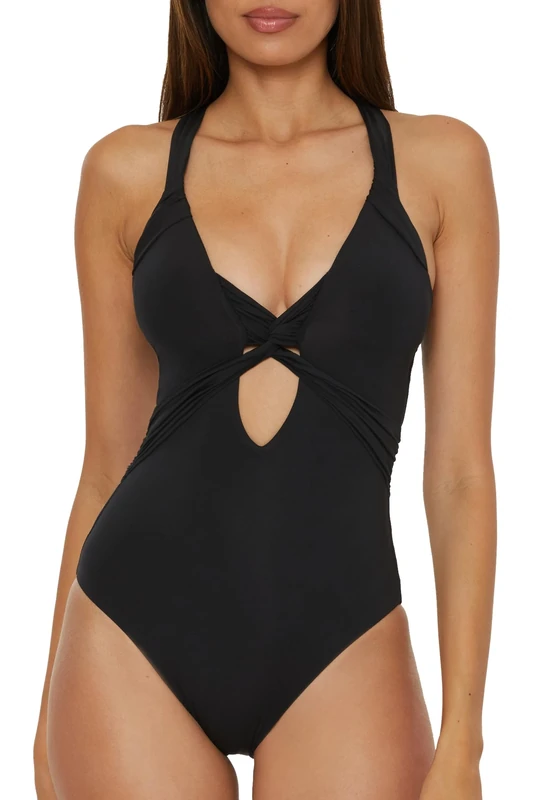 BECCA Women's Color Code Twist Cut-Out One Piece Swimsuit, Plunge Neck, Adjustable, Tie Back, Bathing Suits, Black, Large