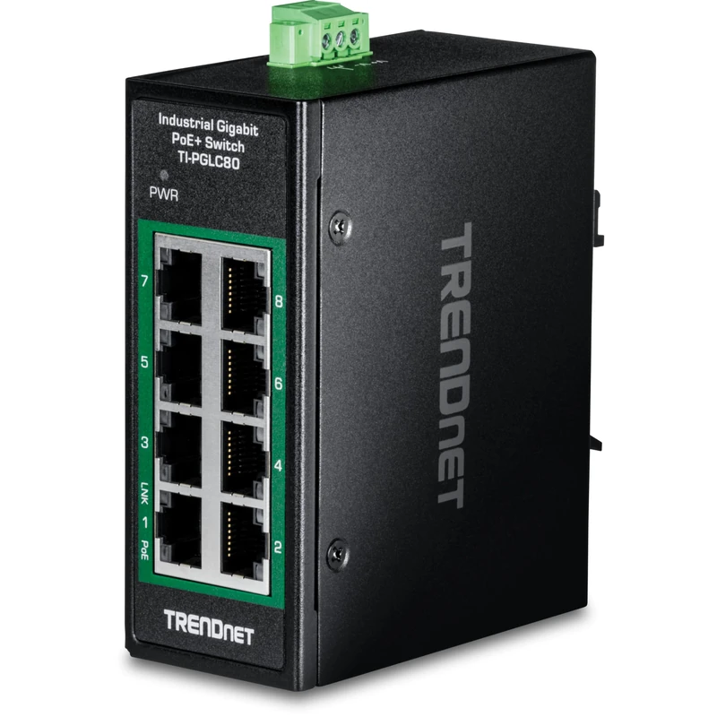 TRENDnet - 8 Port Industrial Gigabit PoE+ DIN-Rail Mini Switch, TI-PGLC80, 8 Gigabit PoE+ Ports, 200W PoE+ Power Budget, 16Gbps, NDAA and TAA Compliant