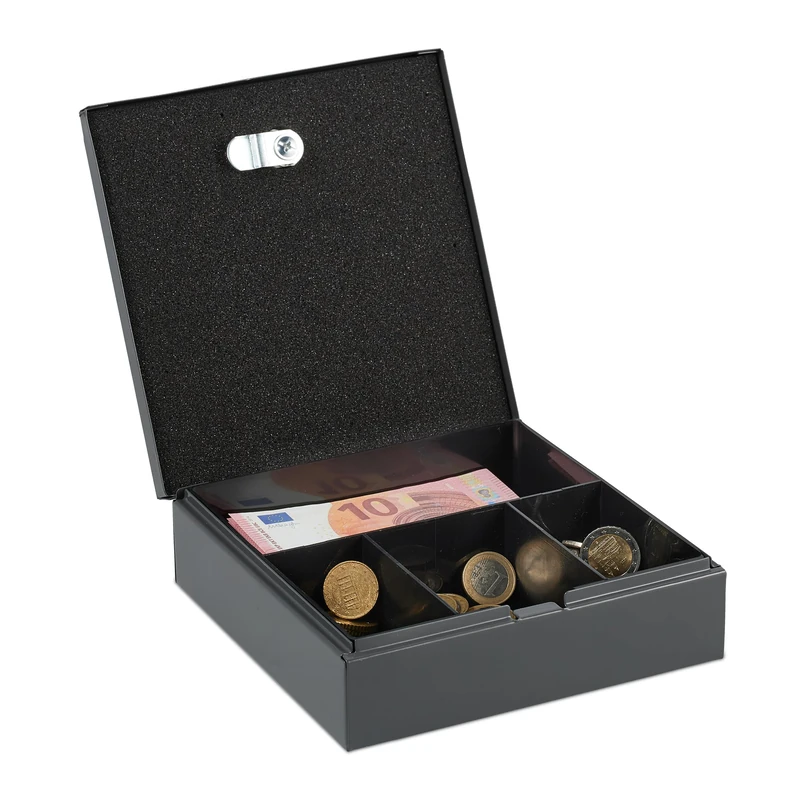 Relaxdays Lockable Cash Box, Removable Insert, 4 Compartments, Money Safe, Iron, HxWxD: 6 x 17 x 17.5 cm, Grey