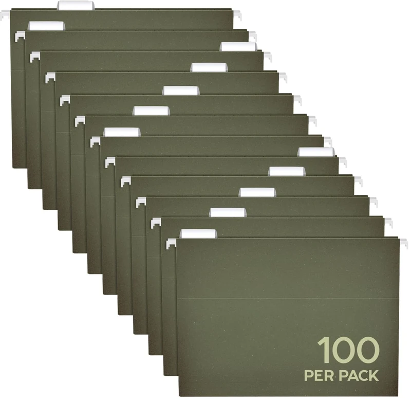 Pendaflex Hanging File Folders Letter Size - 100 Pack - 1/5 Cut Adjustable Tabs - Green Bulk File Folders with Tabs 8.5 X 11 Inches