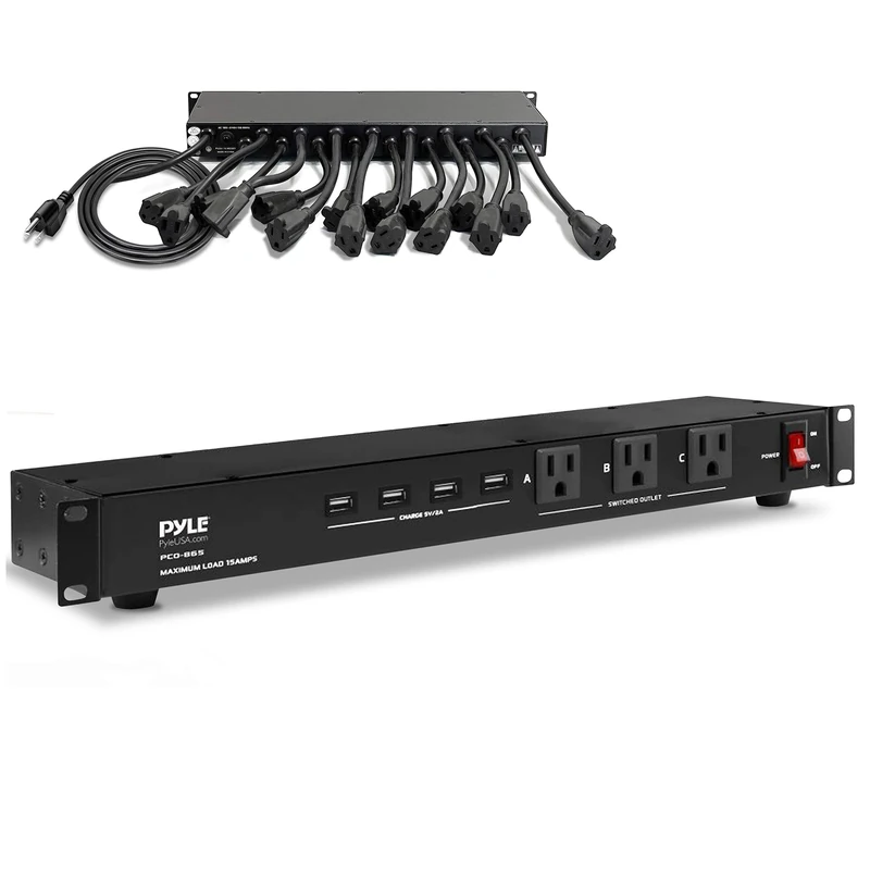 Pyle Power Strip, Rack Mount, 19 Connectors, Unit, Strip, Surge Protection, 15 Amp Fuse, 4 USB Charging Ports, Multiple Devices, 4.57 Meter Cable