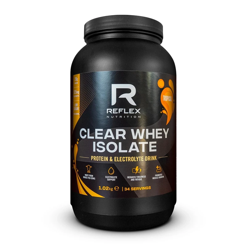 Reflex Nutrition Clear Whey Isolate Protein Powder - 20g of Protein, Low Sugar, Low Fat - Muscle Growth & Hydration - Light and Refreshing - Fruit Juice Style Flavours (Tropical, 1.2kg, 34 Servings)
