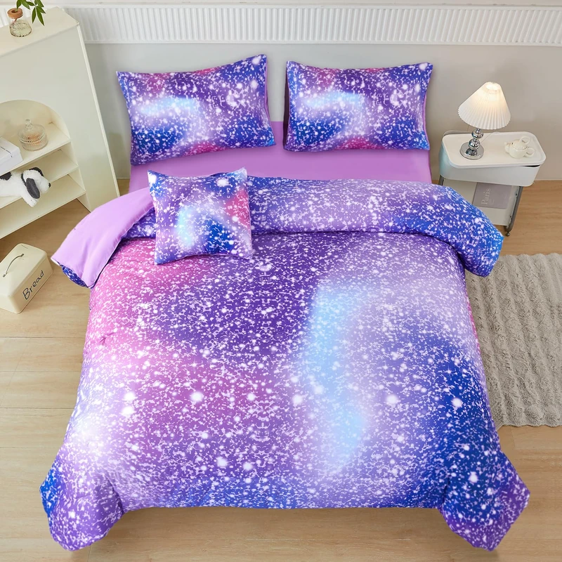 PERFEMET Girls Bed in A Bag Queen Size Colorful Rainbow Queen Comforter Set with Sheets Tie Dye Fluffy Bedding Set for Teen Girl Women 3D Glitter Ombre Bed Sets (Purple Pink, Queen)
