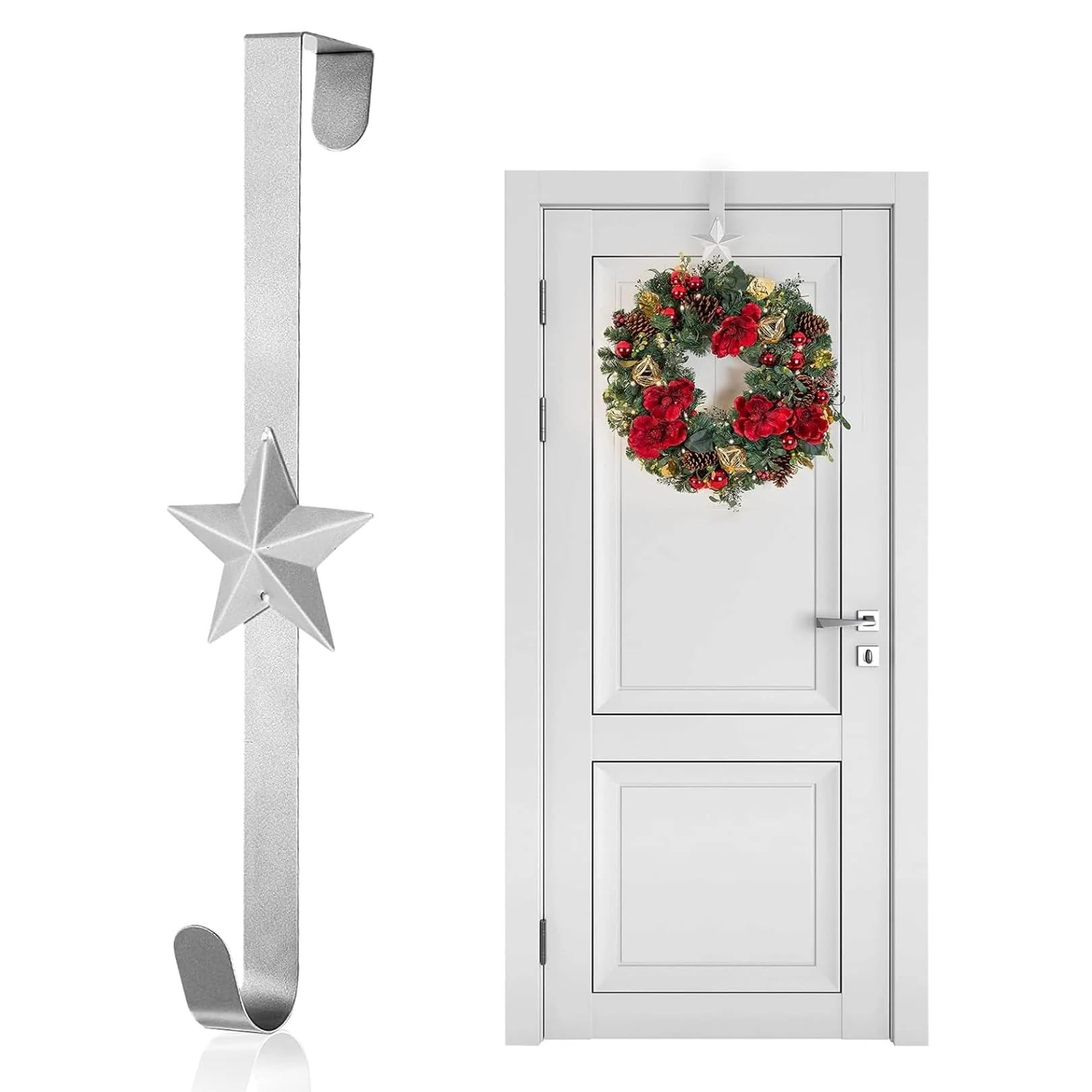 Wreath Hanger for Front Door,Christmas Wreath Hanger Over The Door,38 cm Metal Silver Hanging Wreath Hooks for Christmas Party Decor Home Office Wall Wreaths Decor