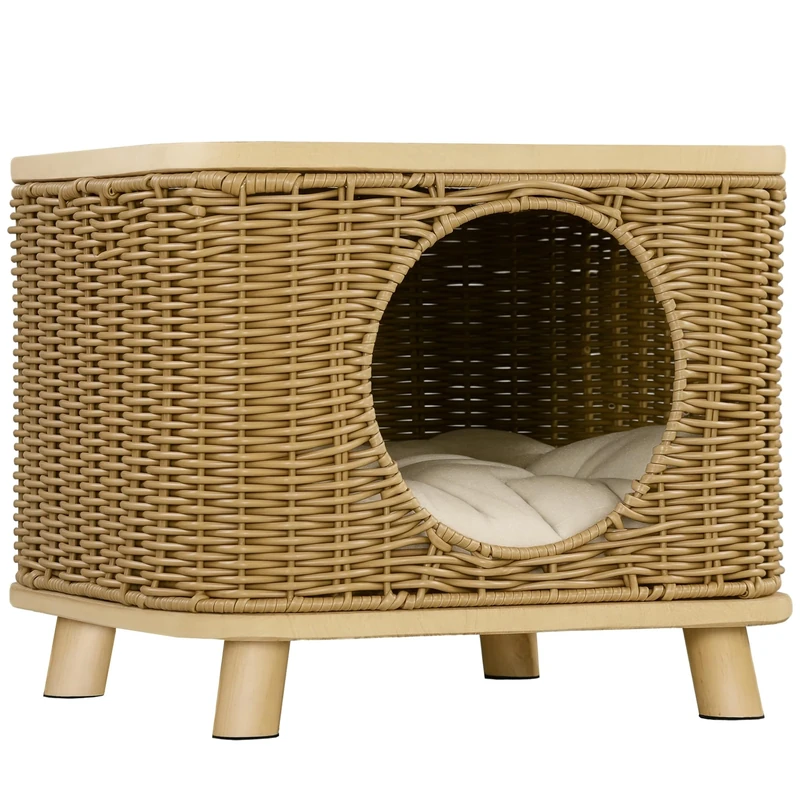 PawHut Elevated Design Wicker Cat House with Washable Cushion, Light Brown