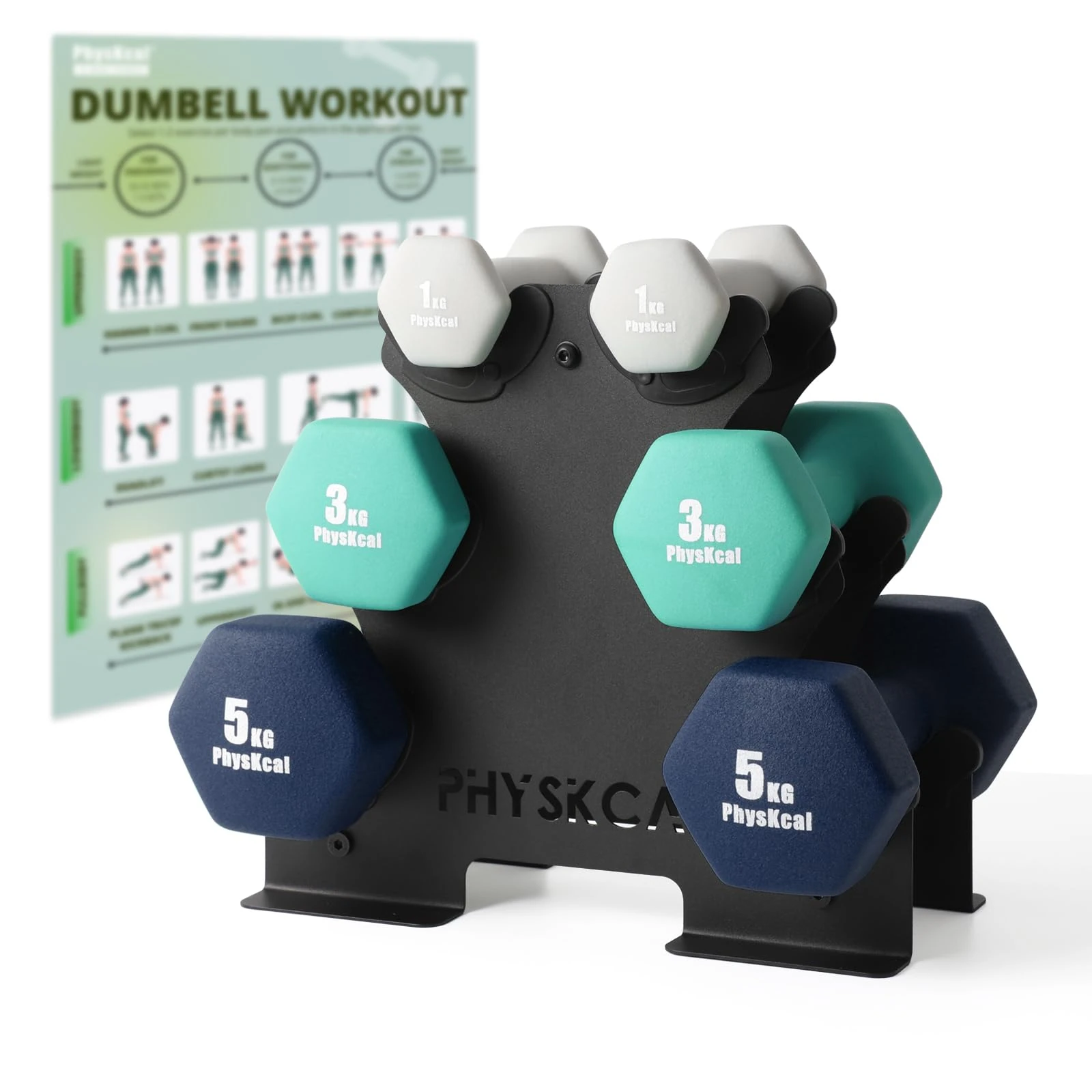 PhysKcal Blue 18kg Dumbbells Set, 2 x 1kg, 2 x 3kg, 2 x 5kg Dumbbells Weights Set with Steel Rack, Hand Weights with Storage Rack