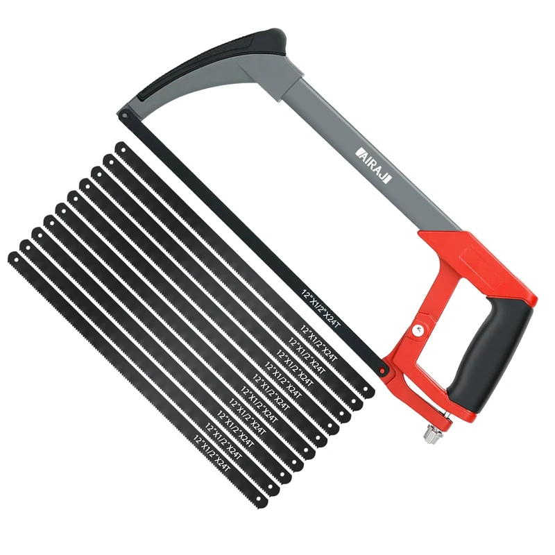 AIRAJ Hacksaw - Heavy Duty Hacksaw for Metal Cutting - Two Sawing Angles 45°/90° - with 10 Spare Blades - Metal Hack Saw for Wood, Plastics, Rubber and Other Common Materials