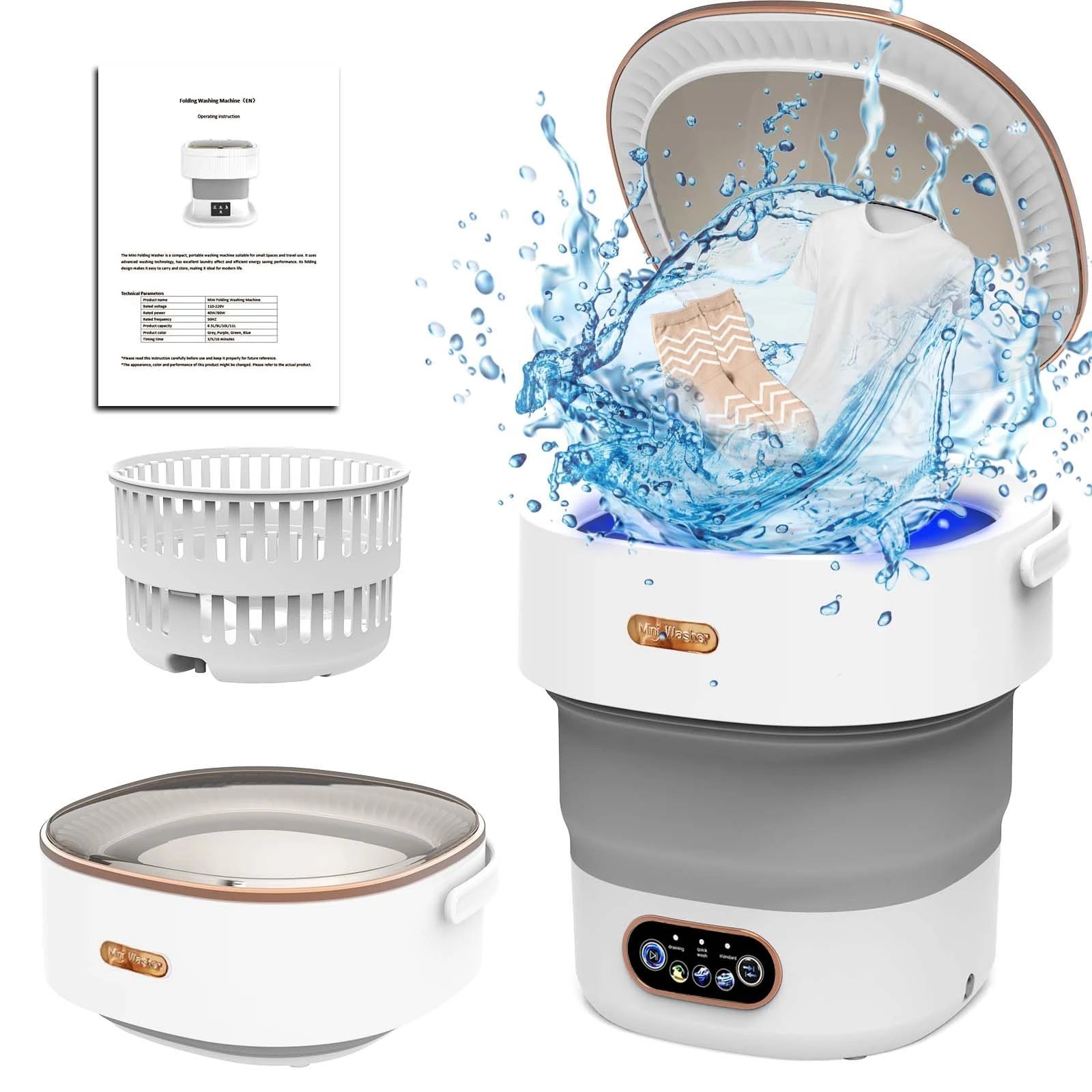 Portable Washing Machine, 15L 2kg Mini Foldable Washer and Dryer with Deep Cleaning of Underwear, Baby Clothes, Socks and Small Item, Lavadora Portatil Suitable for Apartments, Dorm, Camping, RV(Grey)