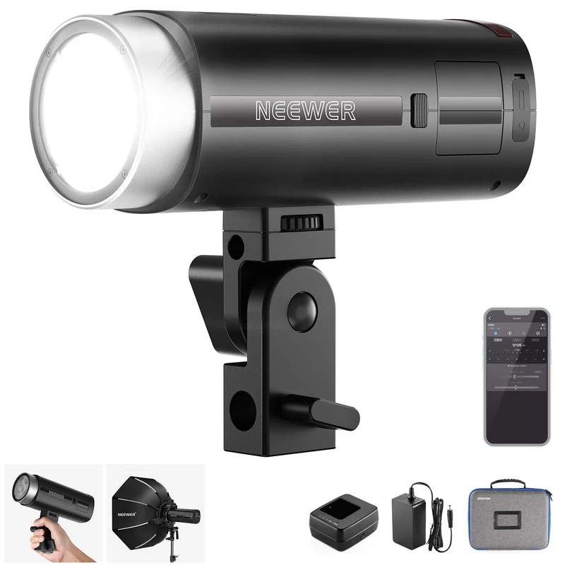 NEEWER Q200 200Ws 2.4G TTL Outdoor Studio Flash Strobe with App Control,1/8000 HSS, 3200mAh Battery Powered Photography Monolight Speedlite 10W Modeling Lamp/750 Full Power Flash/0.01~1.5s Recycle