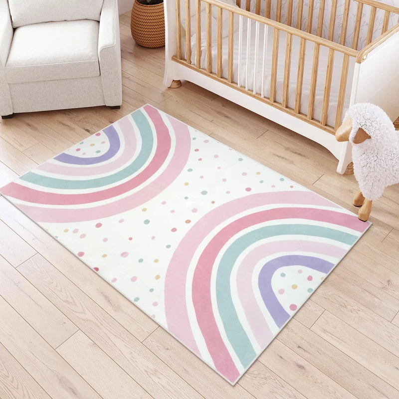 STARUIA 4x6 Washable Rainbow Rug for Nursery Kids Room, Soft Polka Dot Pink Area Rugs for Girls Bedroom, Non-Slip Carpet Kids Rug for Playroom Princess Castle