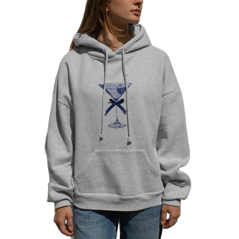 Y2K Printed Hoodie Pullover Sweatshirt for Women, Retro Goblet Graphic Hooded Sweatshirt, Drawstring Pocket Hoodie Spring Streetwear, Light Gray, S