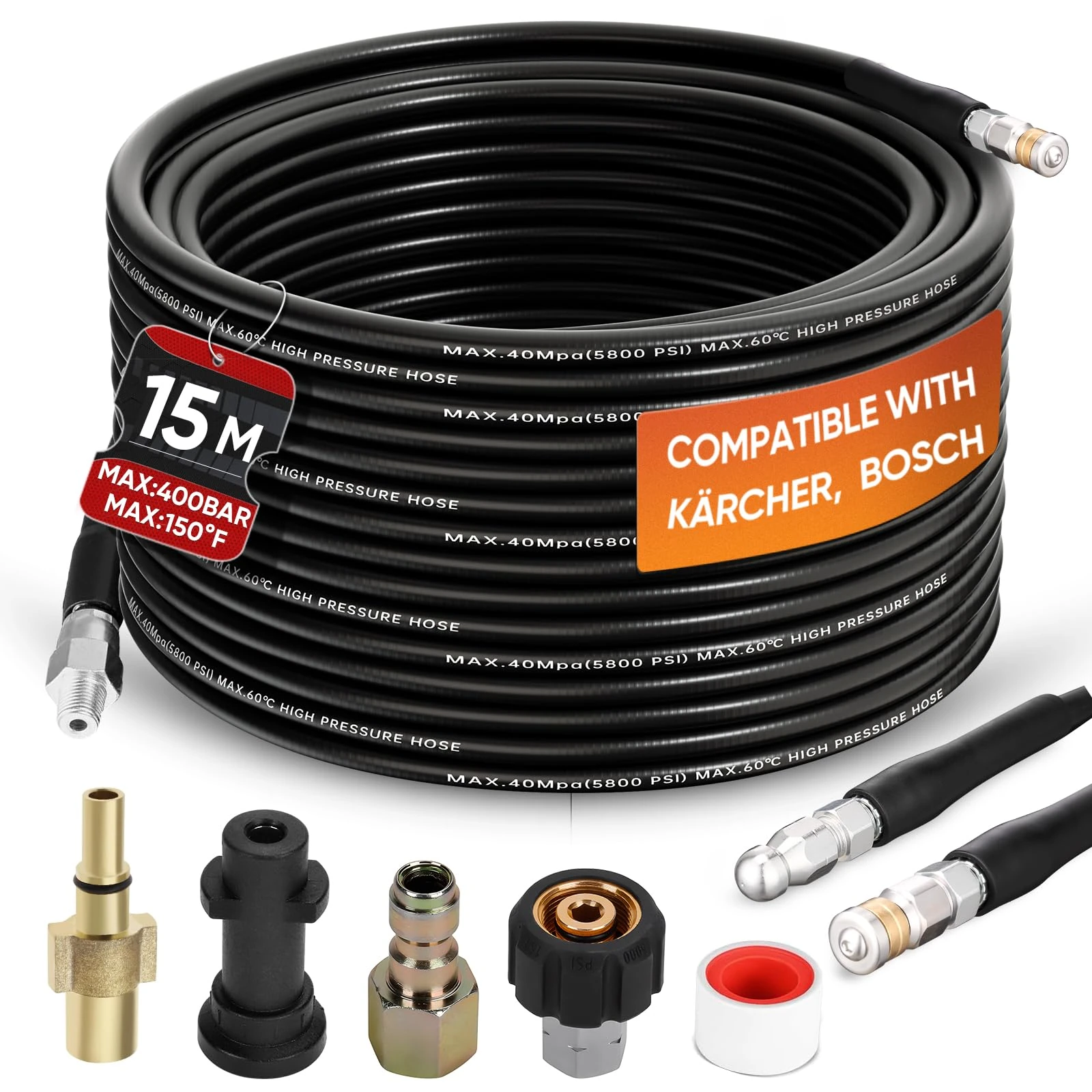 Ampvolts 15M/50FT High Pressure Washer Drain Pipe Hose Cleaning Kit, 400Bar/5800PSI, Compatible with Karcher K2 K3 K4 K5 K6 K7 Series, Includes 2 adapters, 2 nozzles