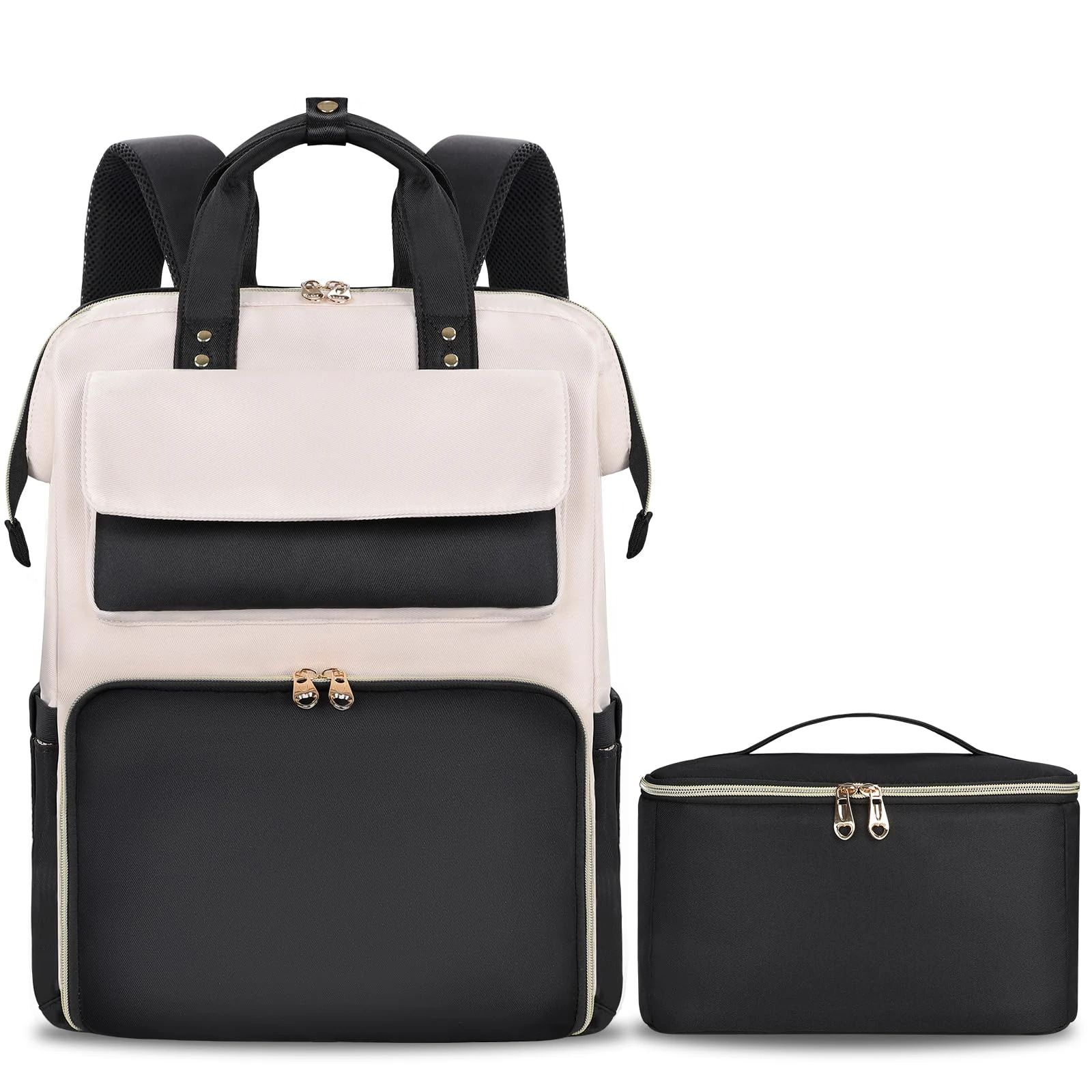 BERTASCHE Lunch Backpack for Women, 15.6 Inch Laptop Backpack with Insulated Cooler Lunch Box, Work Bag for Teacher Nurse Travel College Picnic, Black-Beige