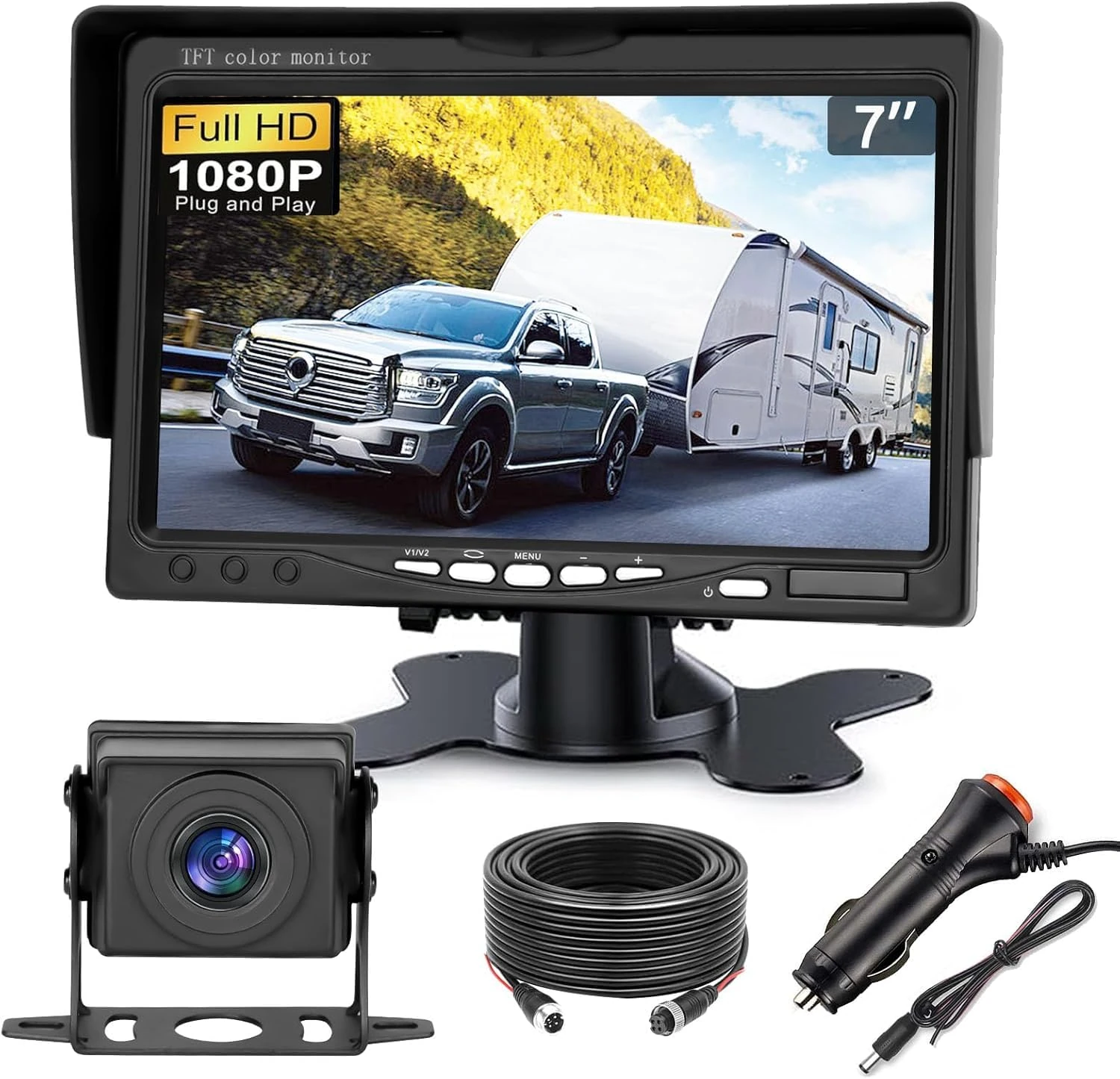 Kairiyard Car Reversing Camera Kit,7 Inch HD 1080P Screen Monitor Parking Sensor kit Night Vision Waterproof Rear View Reversing Backup Camera With 15M Cable for RV Bus Truck Trailer 12V-24V.