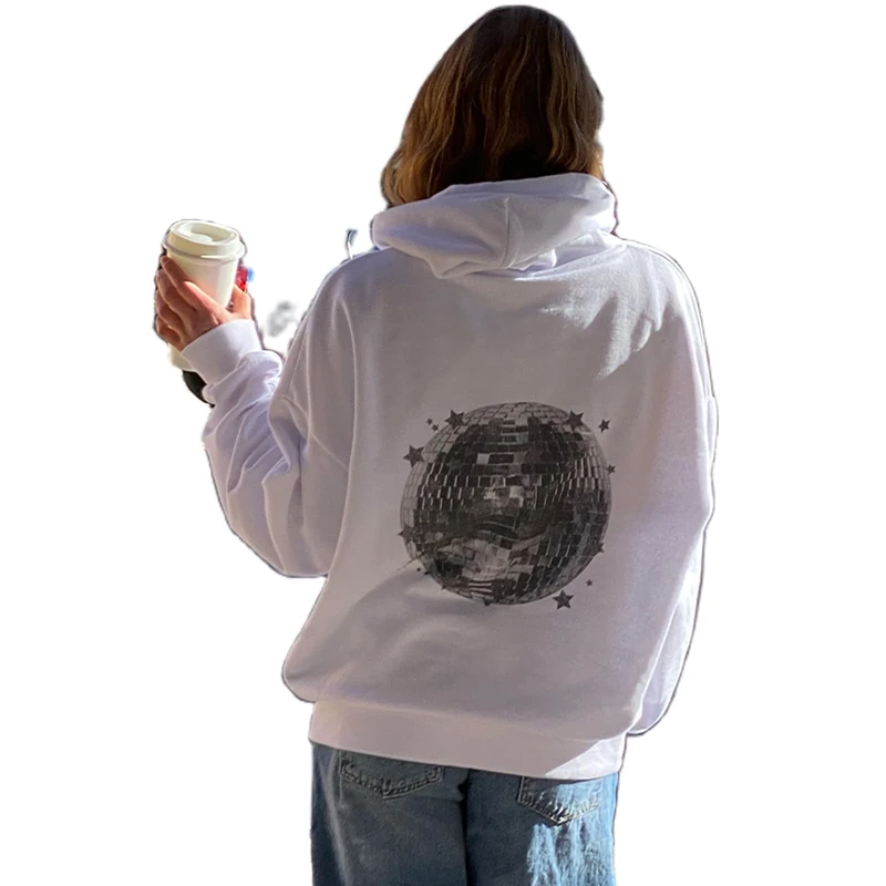 Y2K Printed Hoodie Pullover Sweatshirt for Women, Retro Goblet Graphic Hooded Sweatshirt, Drawstring Pocket Hoodie Spring Streetwear, White, S