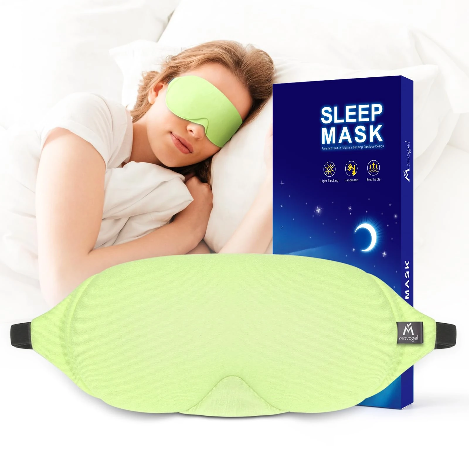 Mavogel Cotton Sleep Mask - 100% Handmade, Light Blocking Sleep Eye Mask with Updated Bending Nose Design, Soft Sleeping Mask for Women Men, for Sleep/Office/Naps, Includes Travel Pouch (Pea Green)