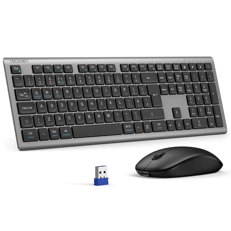 TECKNET Wireless Keyboard and Mouse Combo, Rechargeable Ultra Thin Full-Size Cordless Keyboard and Silent Click Mouse Set, 2.4G Plug & Play, QWERTY UK Layout Keyboards for Windows PC Laptop Computer