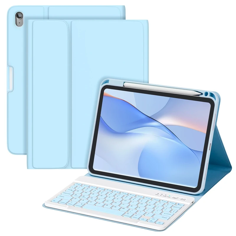 MMK for iPad 11/10th Gen Case with Keyboard 11/10.9 inch 2025 A16/2022, Detachable Wireless Bluetooth Keyboard with Pencil Holder, UK Layout Keyboard Case for iPad 11/10 Gen, Blue
