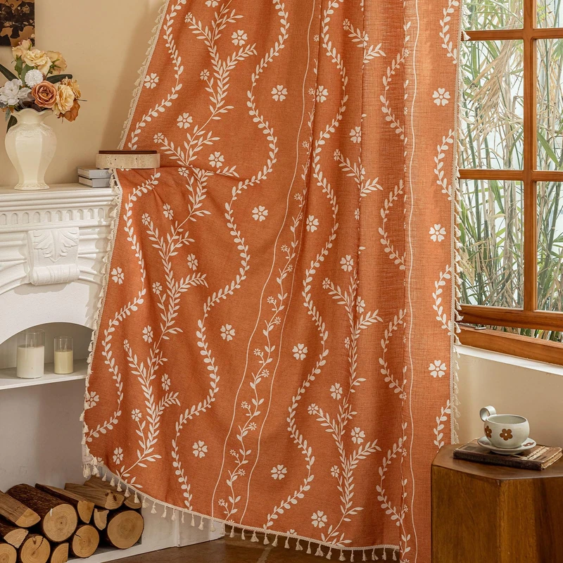 ENJOYBRIDAL Floral Curtains 84 Inch Length 2 Panels Set Burnt Orange Semi Sheer Drapes Terracotta Rod Pocket Bedroom Living Room Window Curtains Farmhouse Rust Country Boho Tassel Window Treatments