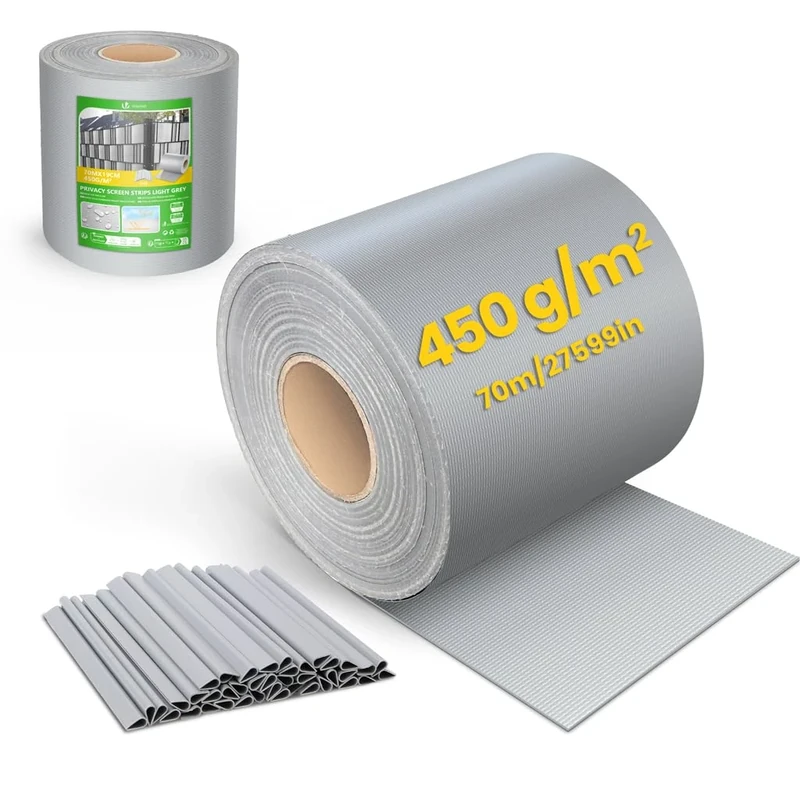 VOUNOT® PVC Privacy Screen Strips 450 g/m² Garden Privacy Fence Screen 70m x 19cm Double Rod Mats with 40 Clips for Deck, Patio, Balcony, Light Grey