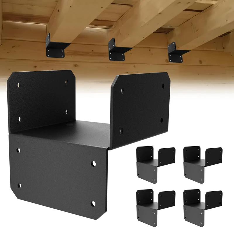 4 Pcs Black Joist Anchor Connector, Post Caps Tie Bracket for 6"x 6", Steel Mounting Joist Hanger Brackets, Truss to Beam Connector Roof Tie Header Hanger for Supporting Beams Rafters
