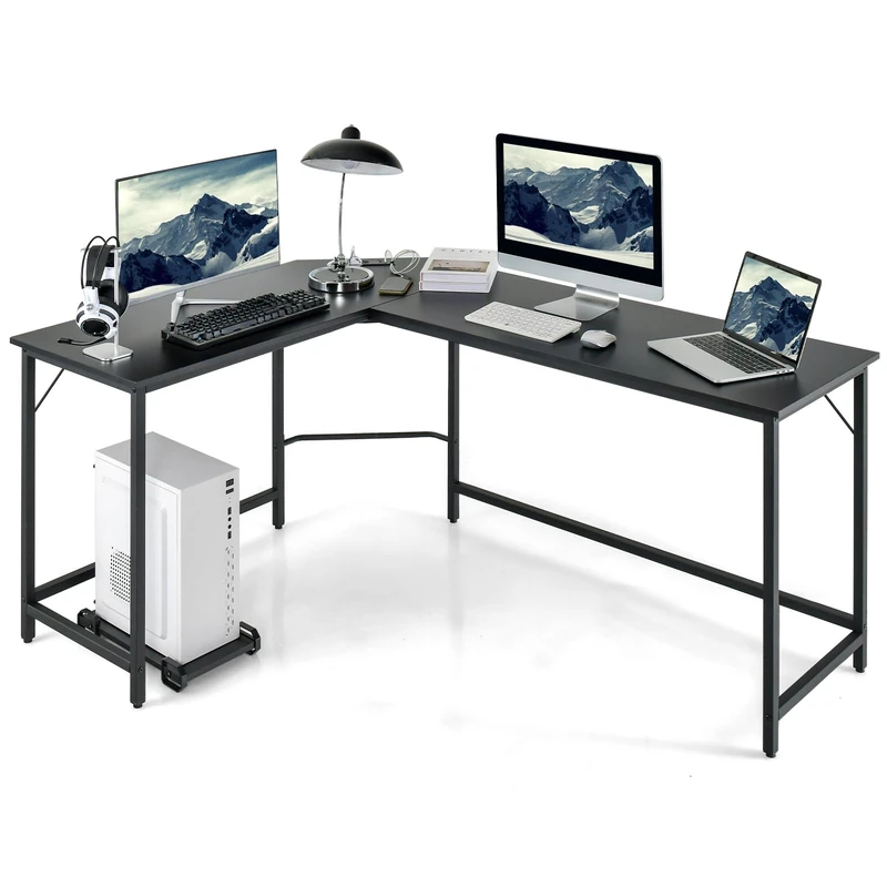 SFAREST L-Shaped Computer Desk, 168 x 125 x 75cm Wooden Corner PC Laptop Table with CPU Stand, Industrial 2-Person Working Study Table Writing Workstation for Home Office (Black)