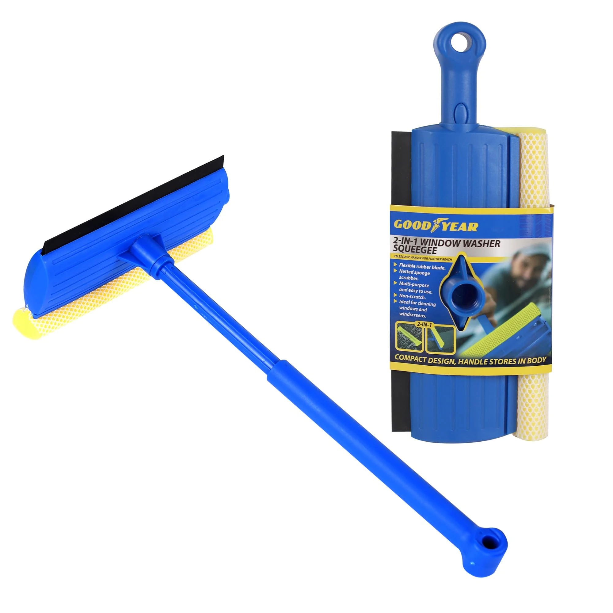 Goodyear 2 In 1 Window Squeegee Flexible Rubber Blade| Netted Sponge Scrubber| Multi-purpose And Easy To Use| Non - Scratch| Ideal For Cleaning Windows And Windscreens| Compact Design, Easy Storage
