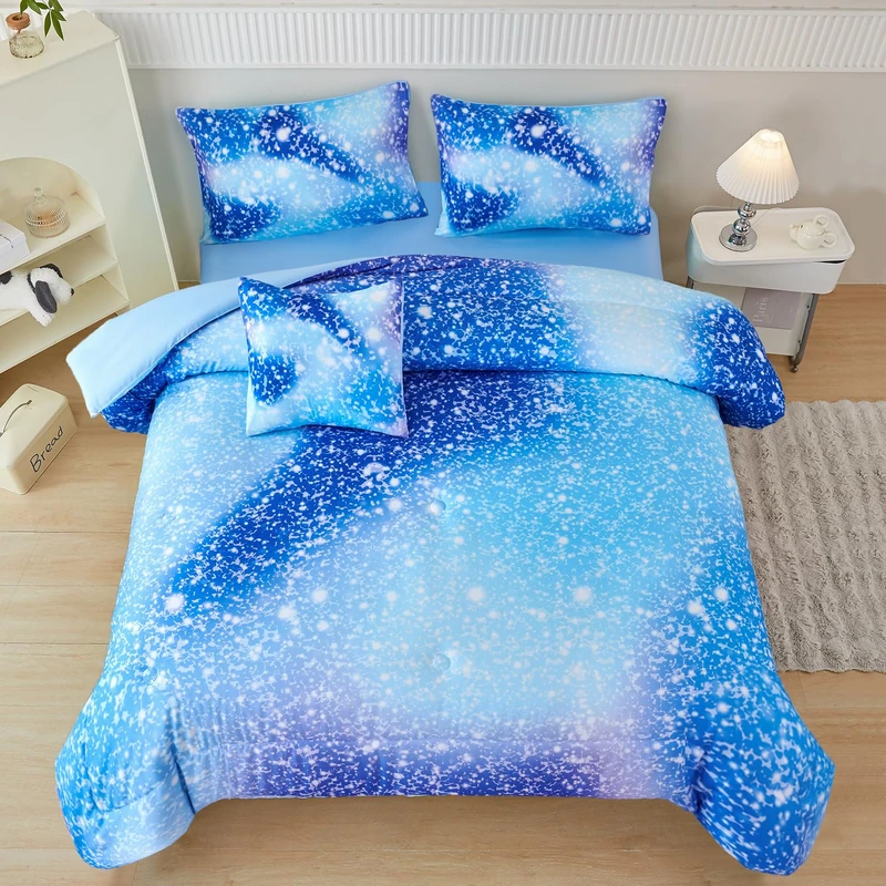 PERFEMET Queen Comforter Set with Sheets 6 Pieces Girls Bedding Set Fluffy Bed in A Bag for Girl Bedroom Colorful Rainbow Glitter Bed Sets for Kids Teens Girls (Blue, Queen)