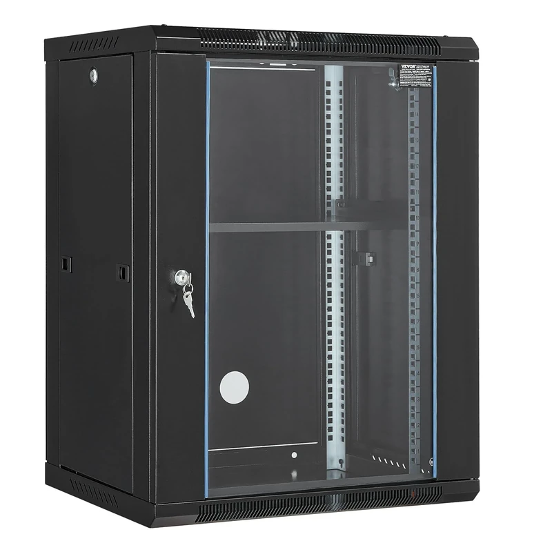 VEVOR 15U Wall Mount Server Cabinet, 500 lbs Max. Ground-mounted Load Capacity, Network Rack Enclosure with Caster Wheels Locking Tempered Glass Door, Q235 Carbon Steel for IT Equipment A/V Devices