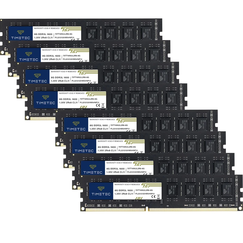 Timetec 64GB KIT(8x8GB) DDR3L / DDR3 1600MHz (DDR3L-1600) PC3L-12800 / PC3-12800 Non-ECC Unbuffered 1.35V/1.5V CL11 2Rx8 Dual Rank 240 Pin UDIMM Desktop PC Computer Memory RAM(SDRAM) Module Upgrade