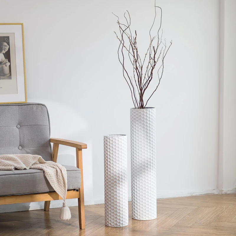 Sziqiqi White Tall Vases for Floor: 27.6/21.7in Metal Cylinder Handmade Flower Holder Extra Large Decorative Vase Set of 2 Modern Honeycomb Texture Big Standing Vase for Living Room Home Corner