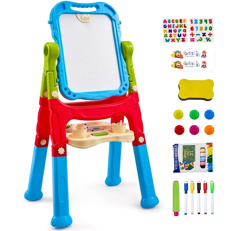 VEVOR Art Easel for Kids, 2-in-1 Double-Sided Kid's Art Easel with Magnetic Whiteboard & Chalkboard, Adjustable Standing Rotatable Removable Drawing Board with Painting JY991303