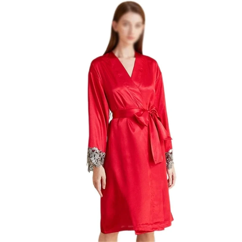 FBHappiness Lace Decoration Long-sleeved Nightgown For Ladies Lace-up Sexy Bathrobe Nightgown Silk Color Home Wear Lace Robe (D S)